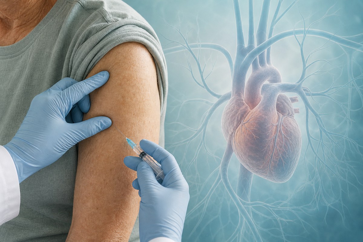 Illustration of a vaccination in an older adult's arm with a heart and blood vessel overlay.