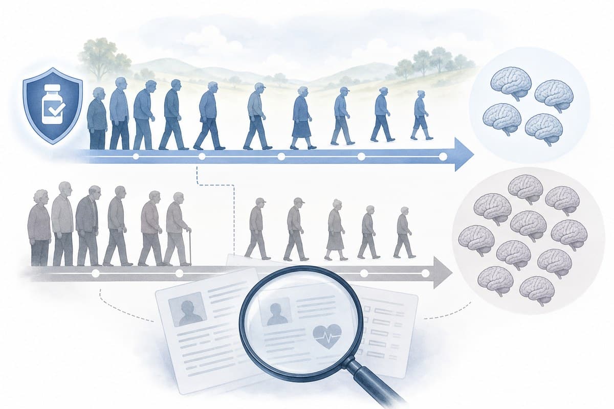 A conceptual illustration of vaccinated and unvaccinated older-adult groups followed over time for recorded dementia diagnoses.