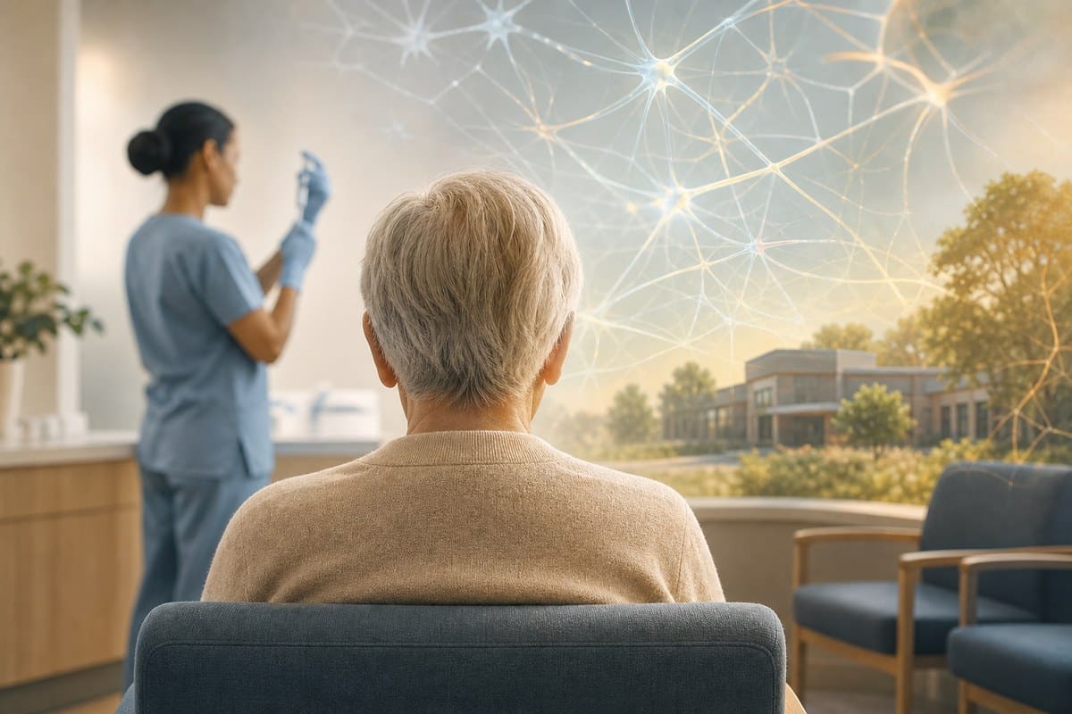 An older adult in a clinic waiting area with a nurse and subtle neural-network imagery.