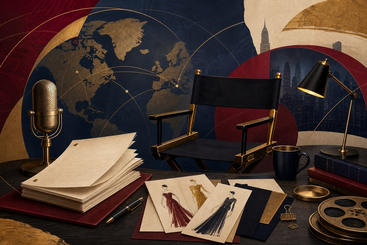 Stylized entertainment workspace with scripts, a director’s chair and franchise-inspired design elements.