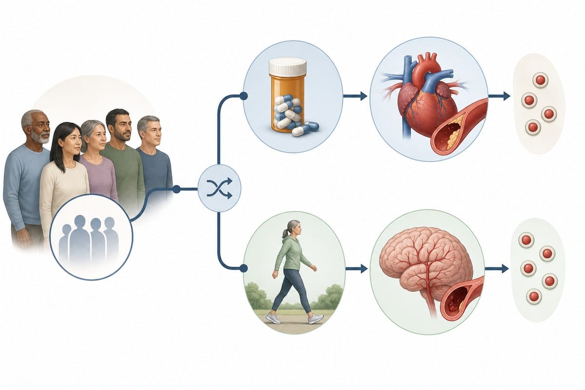 Conceptual illustration showing separate cardiovascular and disability-free survival outcomes in a statin trial.