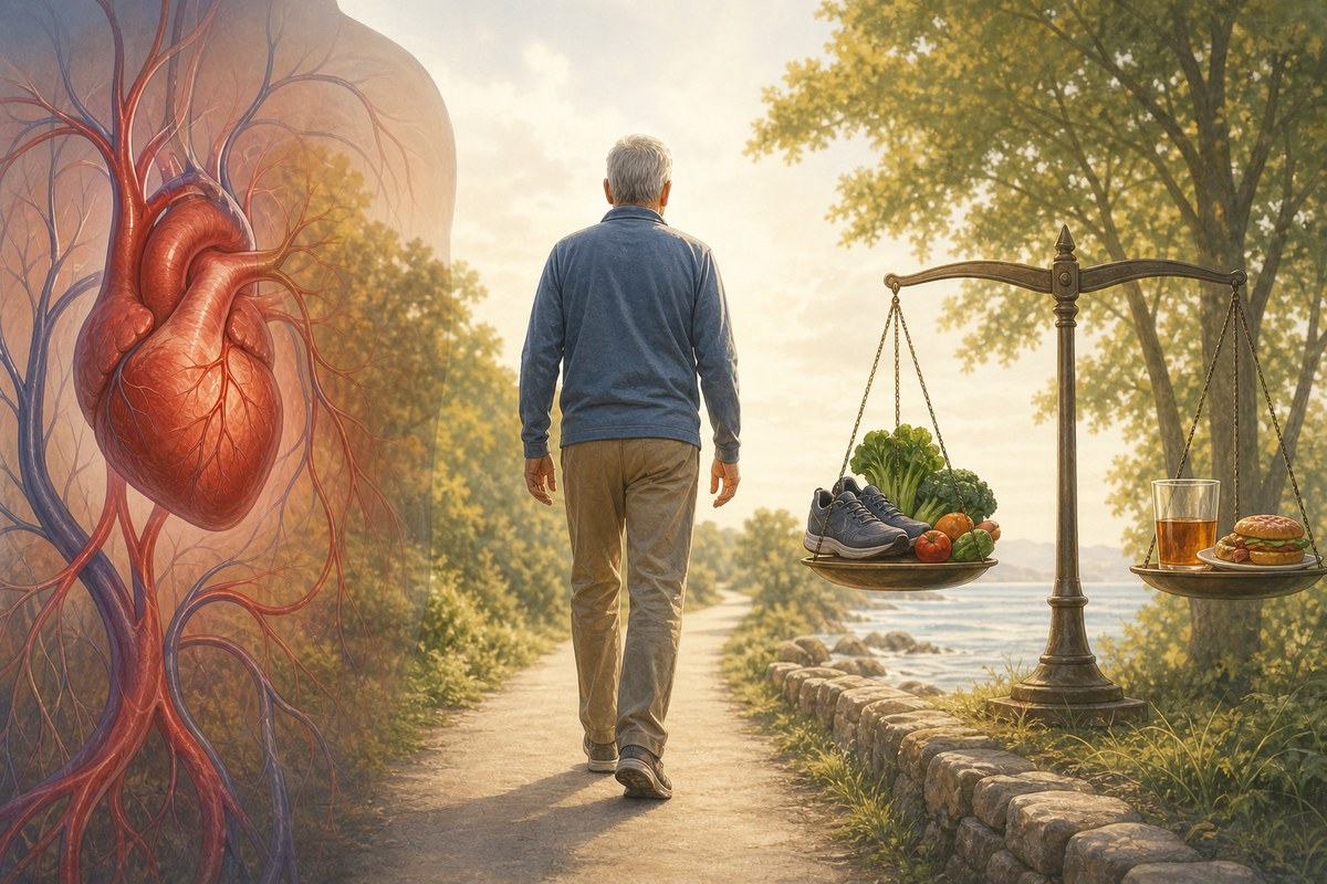 Editorial illustration of an older adult walking beside subtle heart and health symbols.