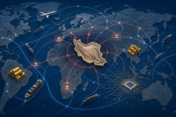 Abstract global trade routes, ships, aircraft, gold and digital transaction nodes converging on Iran.