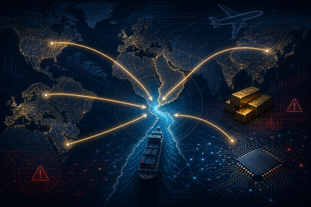Abstract global trade routes connecting shipping, aviation, gold, technology and digital networks.