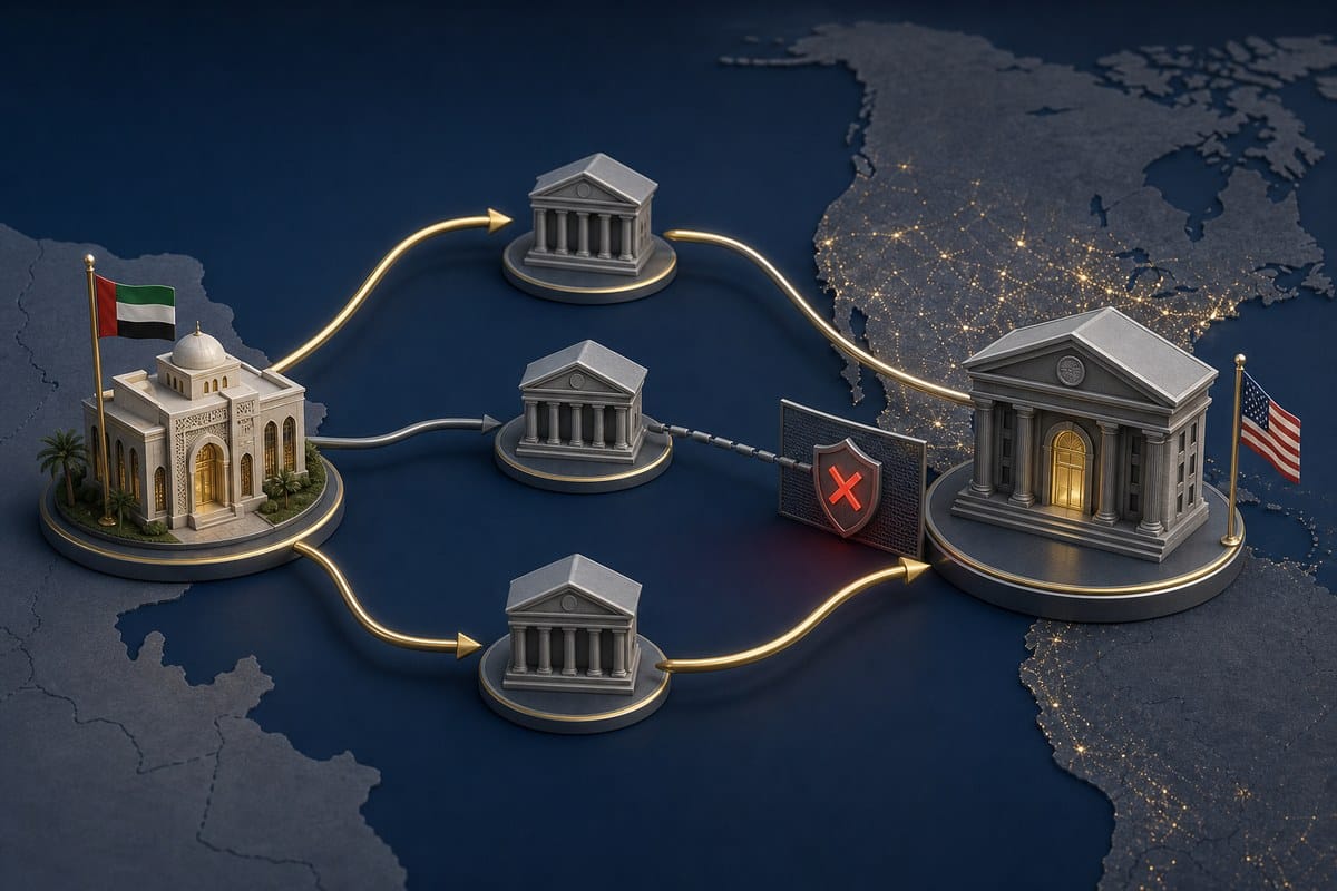 Conceptual diagram showing a UAE bank’s payments passing through foreign banks toward a U.S. correspondent-bank gateway.