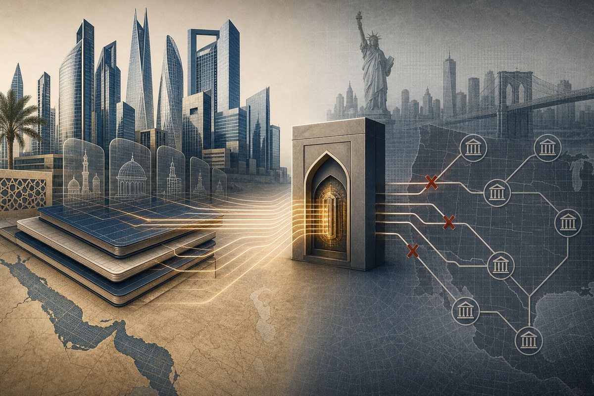 Abstract banking network with a UAE financial gateway separated from U.S. payment lines.
