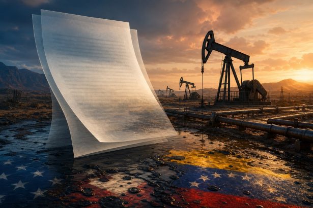 Conceptual oil field scene with pumpjacks, pipelines and an unreadable contract document