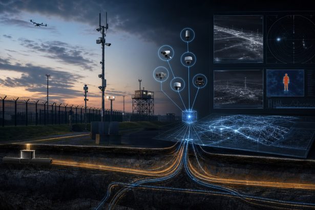A defence perimeter with glowing underground fibre-optic sensor lines and abstract AI signals