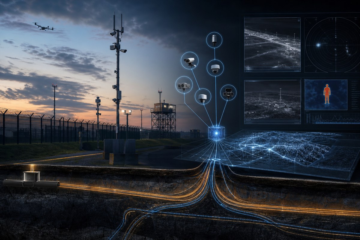 A defence perimeter with glowing underground fibre-optic sensor lines and abstract AI signals
