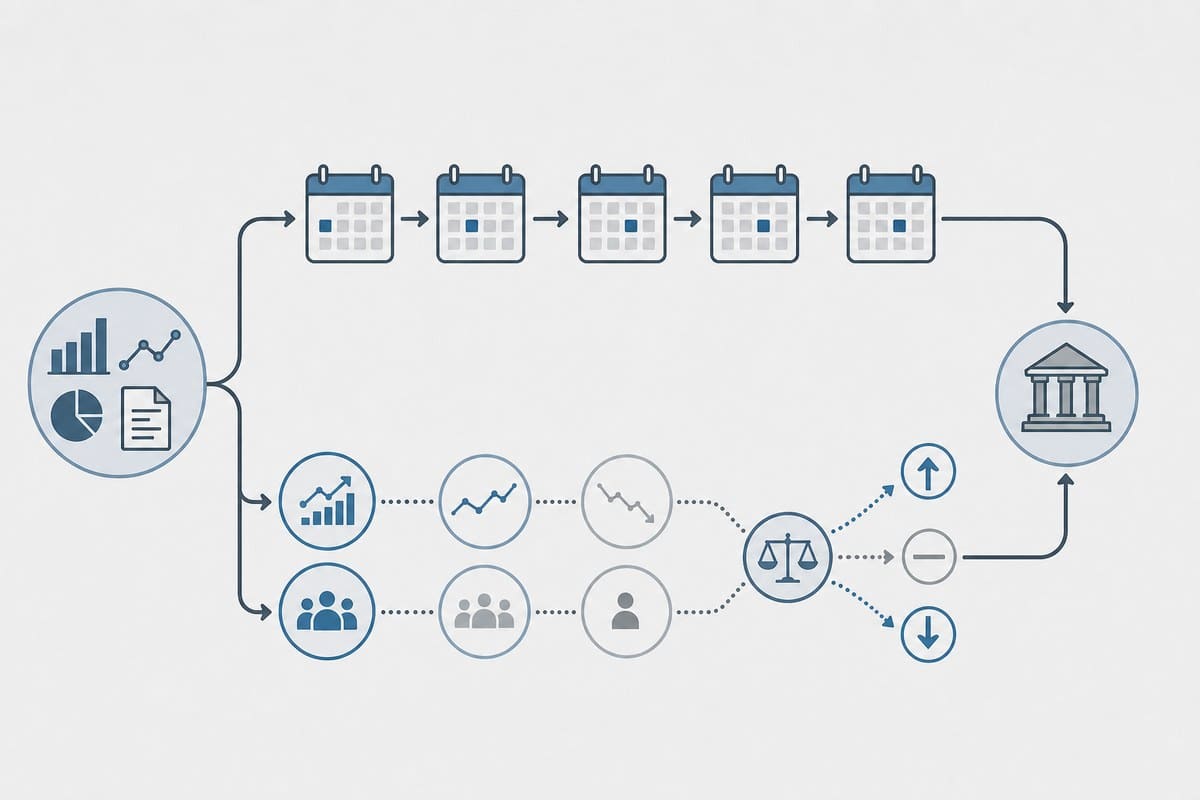 Conceptual diagram contrasting a fixed rate path with a data-dependent policy decision process.