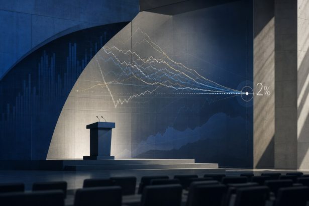 Abstract central bank podium with data lines converging toward an inflation target marker.