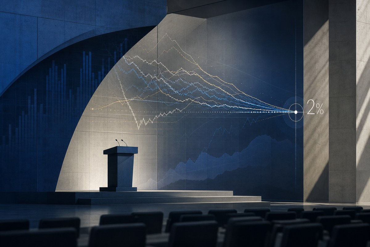 Abstract central bank podium with data lines converging toward an inflation target marker.