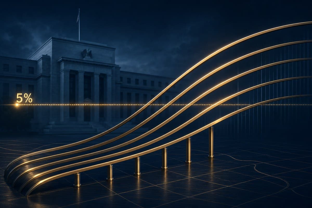 Abstract rising Treasury yield curve crossing a five-percent marker.