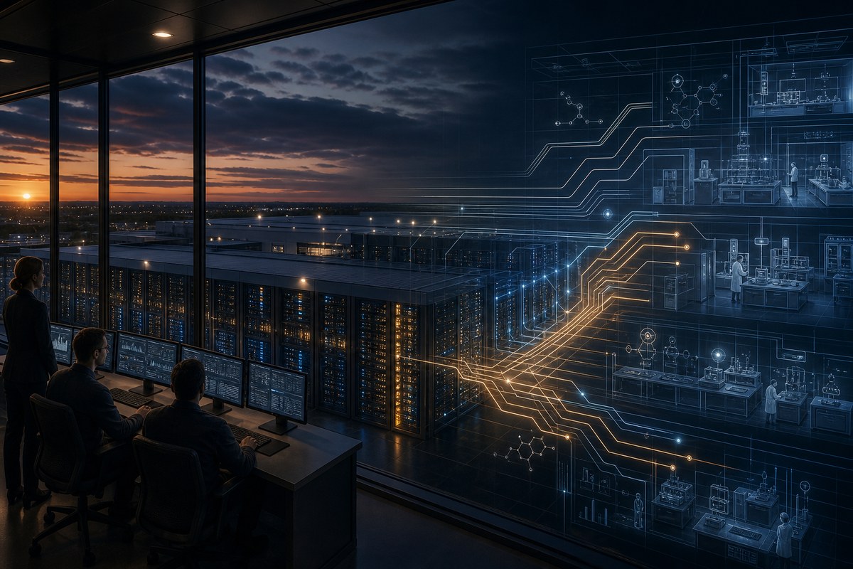 Editorial illustration of data centre servers connected to an abstract AI research network under human observation.