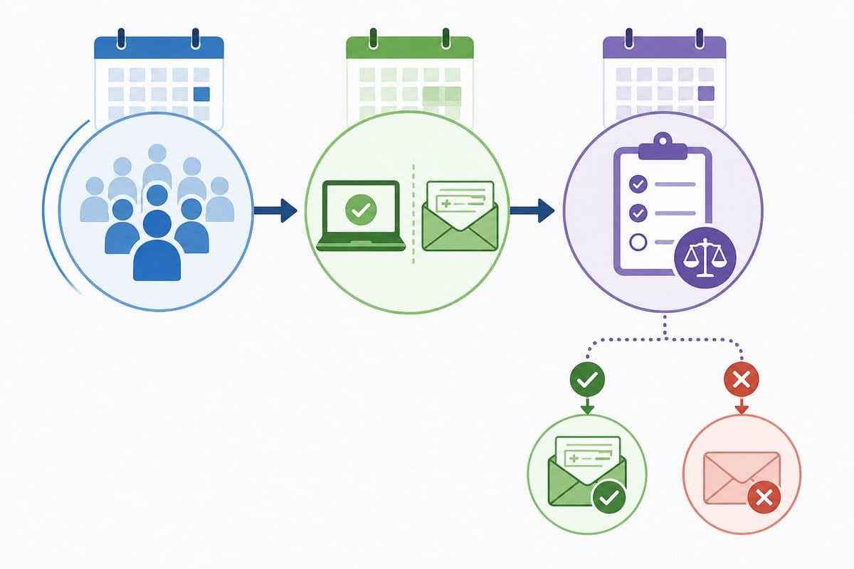 Conceptual timeline showing automatic refunds followed by a possible supplemental payment stage.