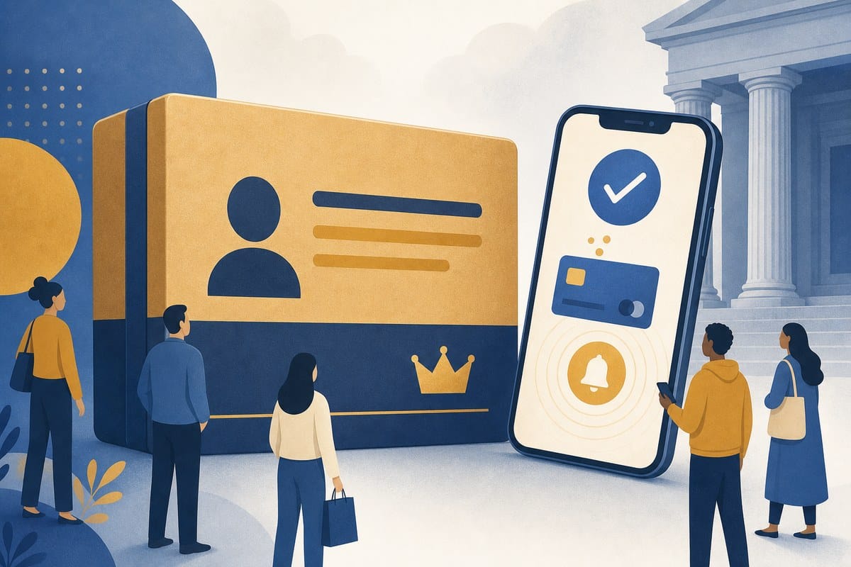 Conceptual smartphone payment notifications beside a membership card and courthouse columns.