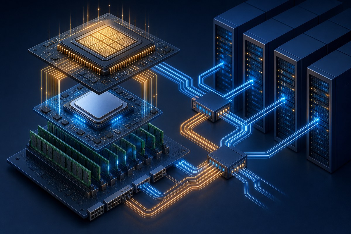 Conceptual AI data-center system showing connected chips, memory, networking and server racks.