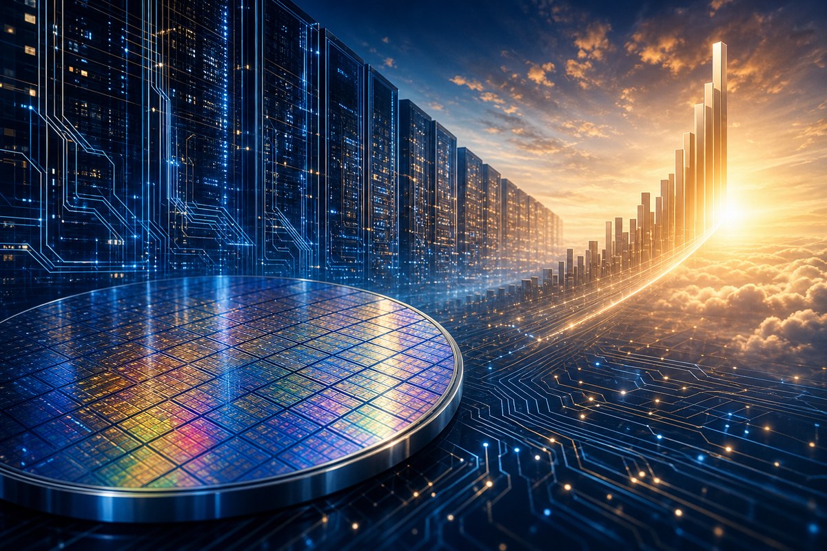 Abstract semiconductor wafer and server circuitry rising against a luminous financial horizon.