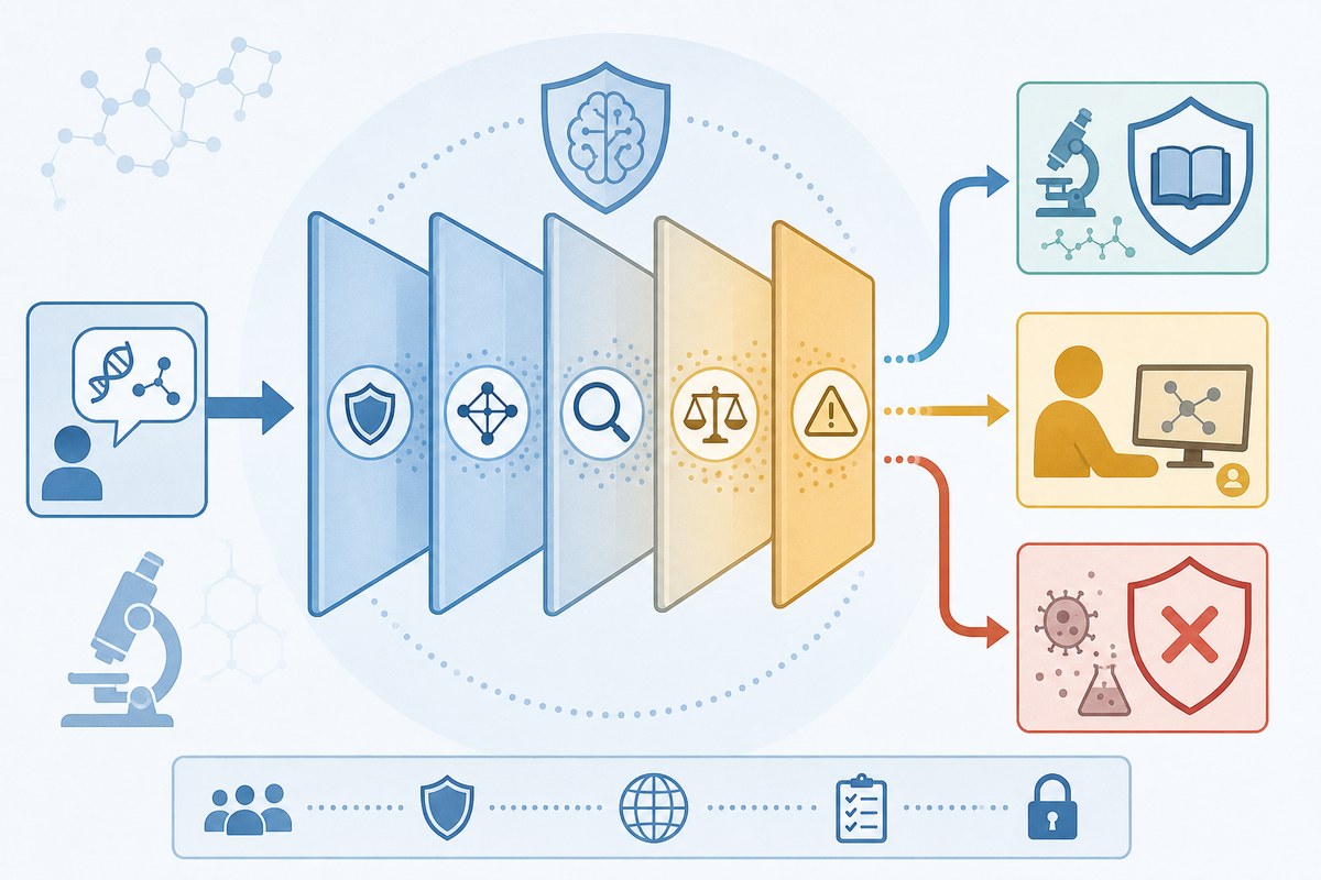 Conceptual diagram of AI review routing dual-use biology requests to allowed, reviewed, or blocked paths.