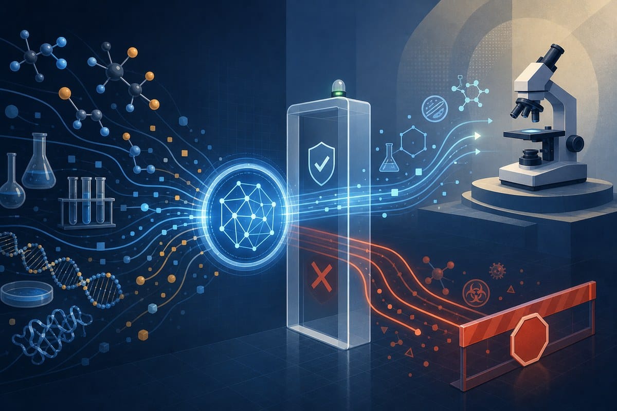 Abstract AI safety checkpoint separating research and restricted biological pathways.