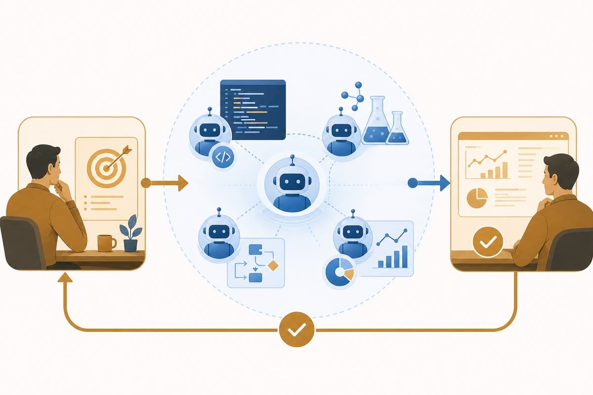 A conceptual workflow showing human goals guiding AI agents and human review.