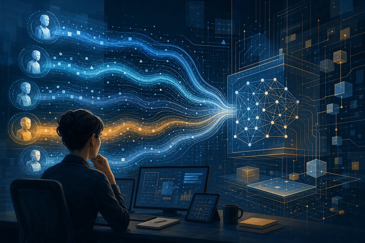 A researcher overseeing abstract AI agent workflows on layered computer displays.