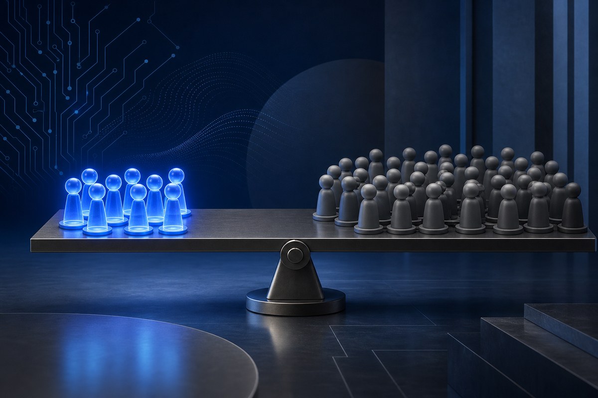 Abstract illustration of founder voting tokens holding a narrow majority over a broader investor group.
