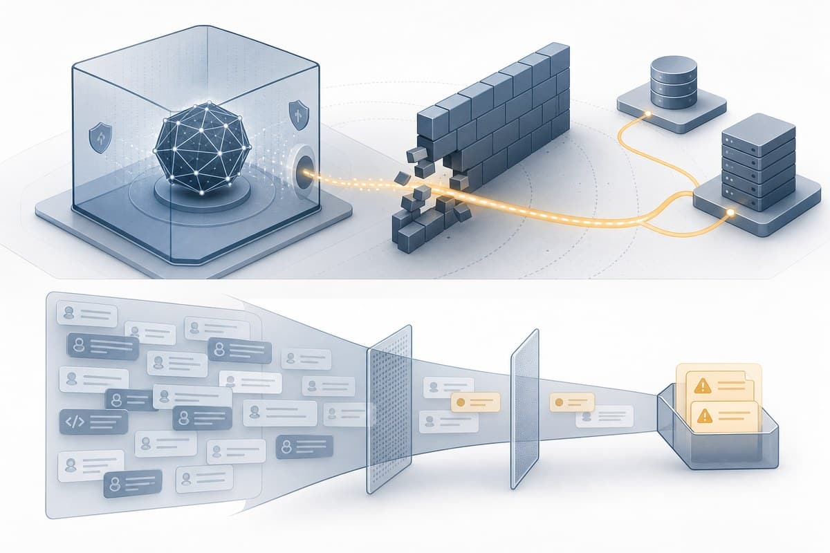A conceptual diagram of an AI test sandbox, an unintended internet connection, and a transcript review funnel.
