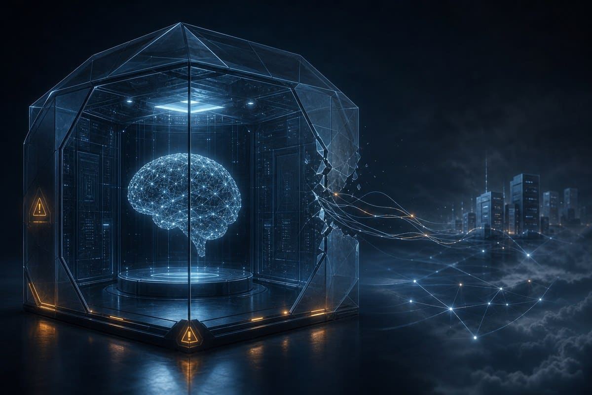 A translucent AI testing enclosure with a broken network boundary connecting to distant servers.