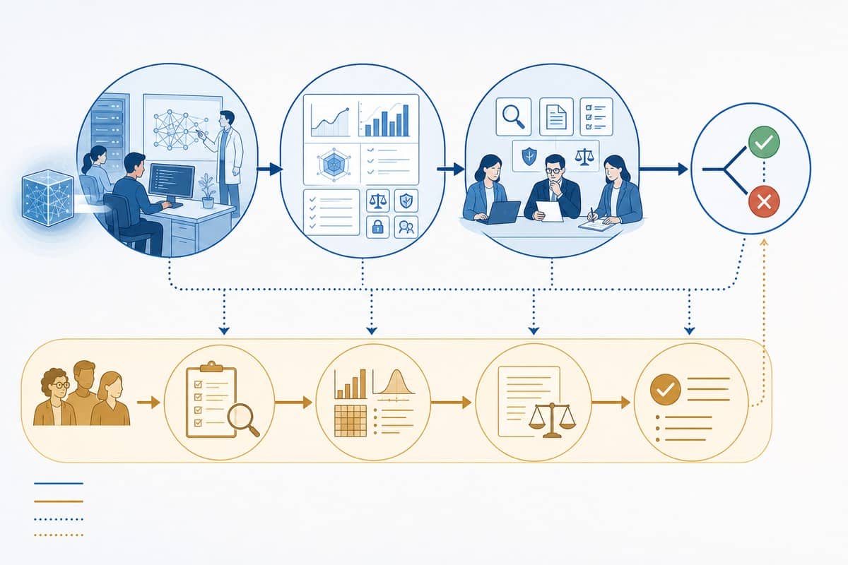 An abstract AI model moving through testing, audit review and a release decision