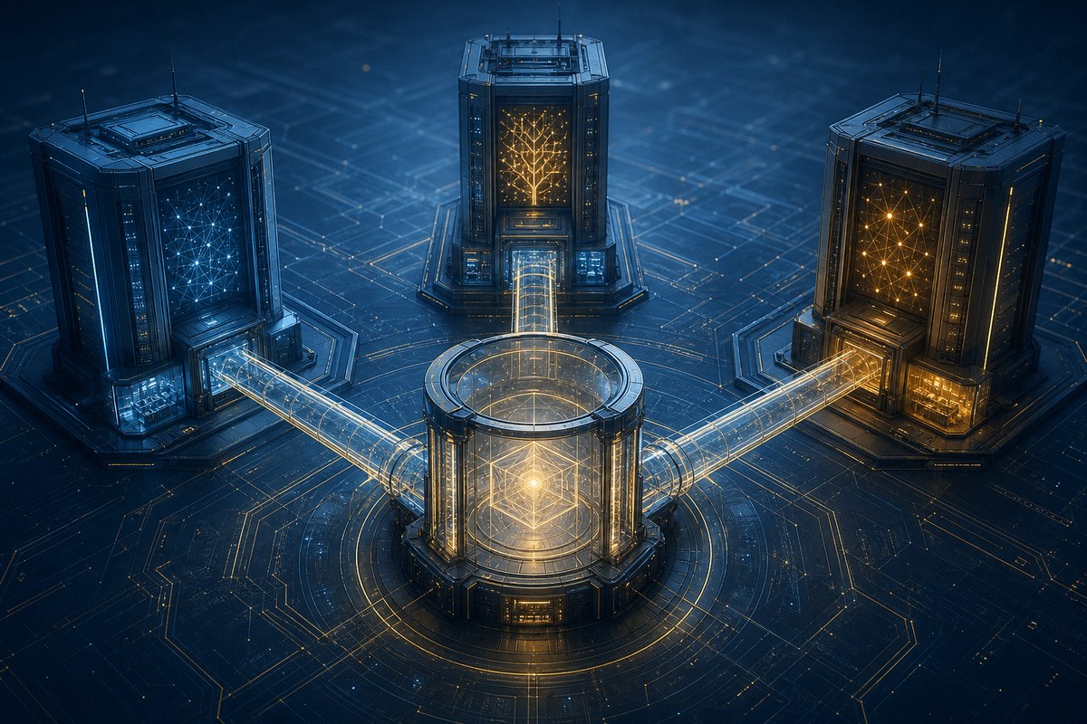 Three abstract AI laboratories connected to a central testing chamber