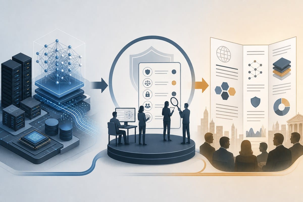 Conceptual illustration of AI evaluation controls between model development and investor disclosure.