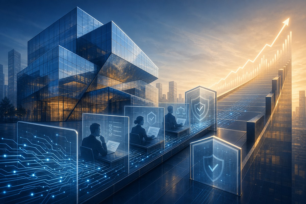 Abstract AI company headquarters connected to a market pathway and safety review checkpoint.