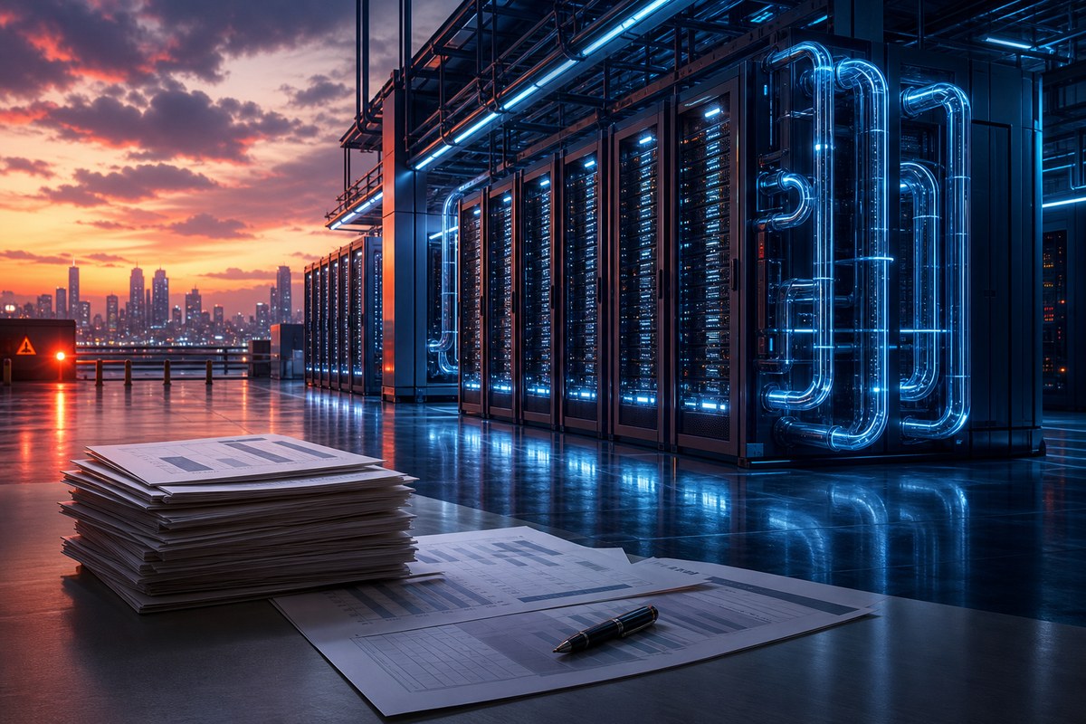 Conceptual AI data center beside financial documents with warning-colored light.