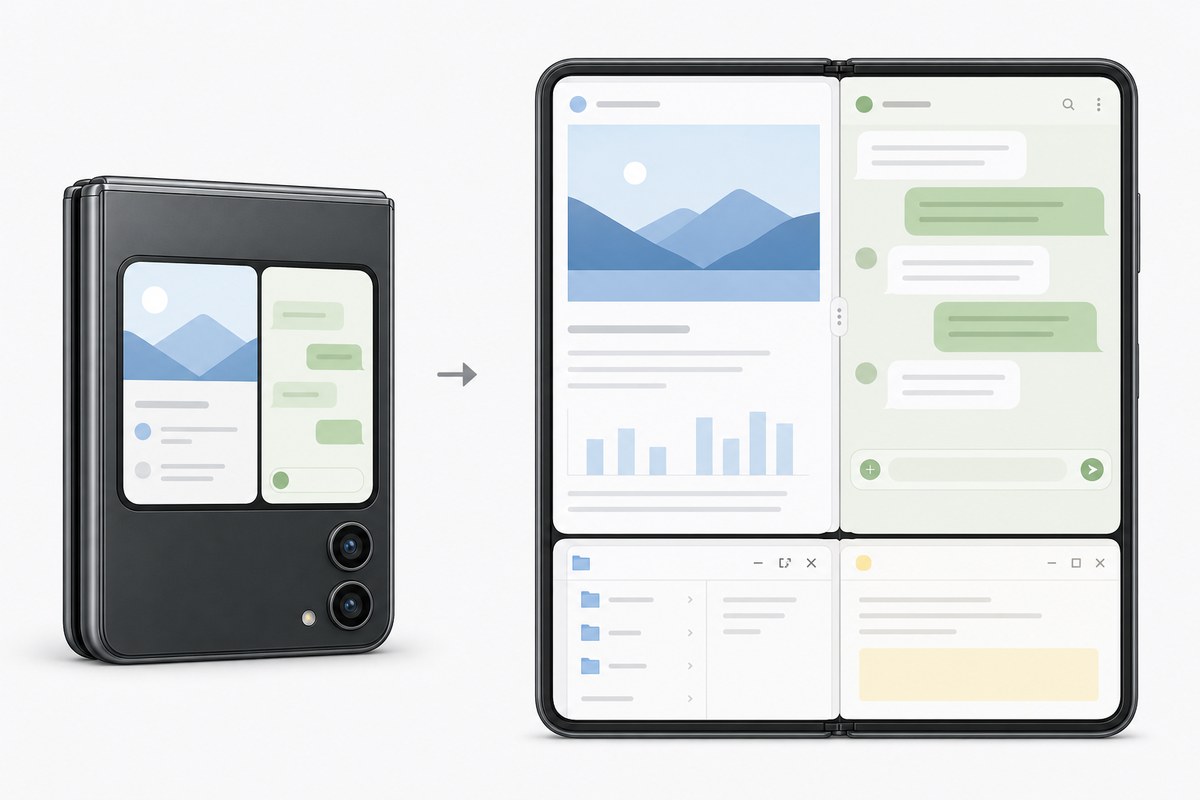 A foldable phone shown closed and open with two app panels on its inner screen