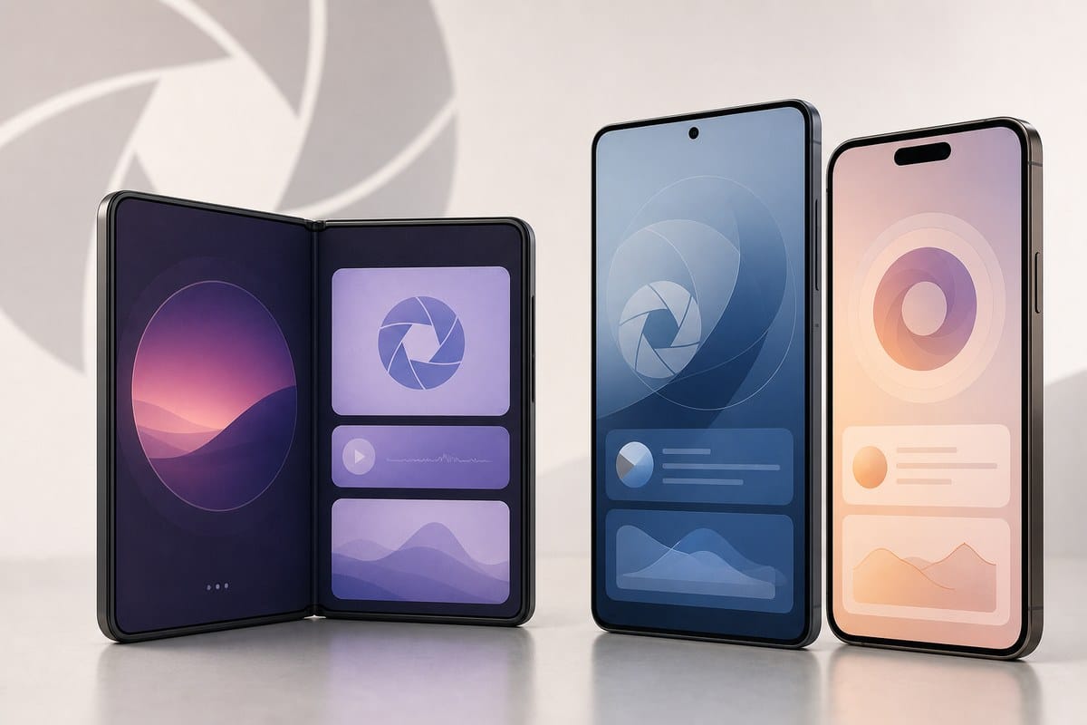 An unbranded foldable phone opened beside two conventional smartphones