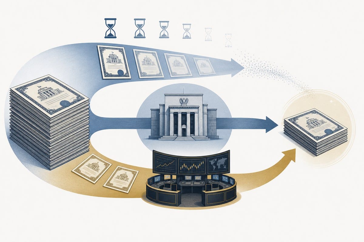 Conceptual illustration showing government bonds leaving a central-bank balance sheet through maturities and sales.