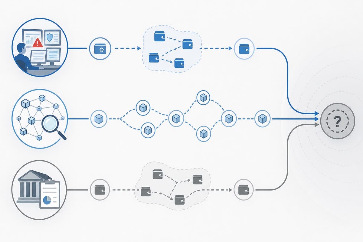 Conceptual diagram of internal exchange estimates and public blockchain tracking converging on final reconciliation.