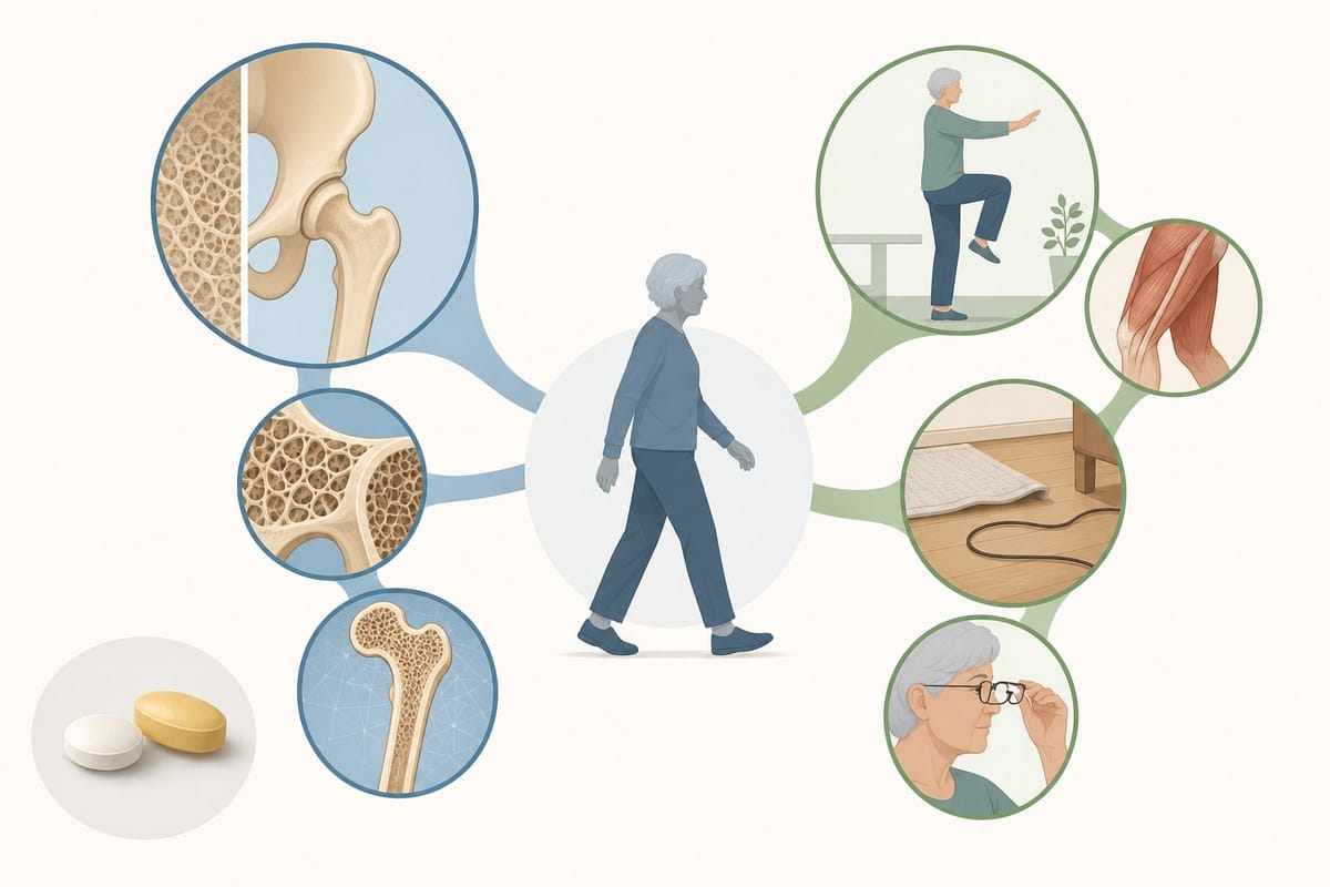 Illustration showing bone strength and fall-risk factors as separate pathways.
