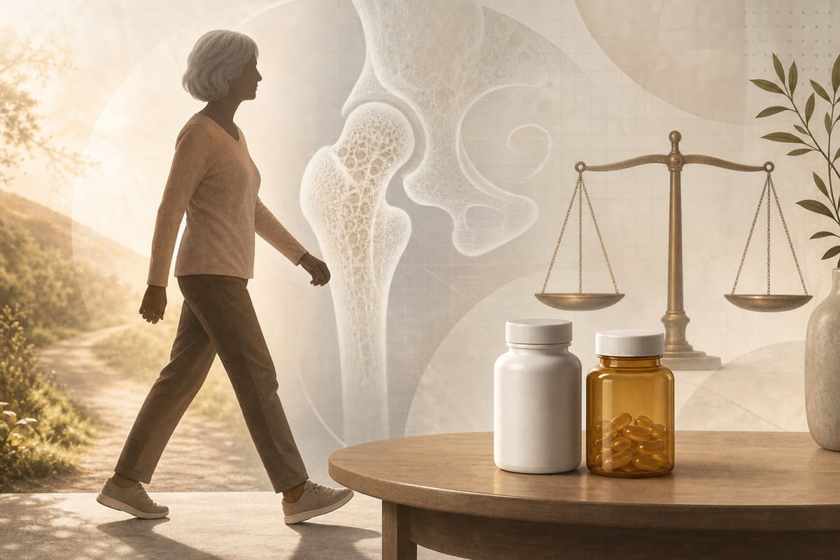 Conceptual illustration of supplements, bone structure and an older adult walking.