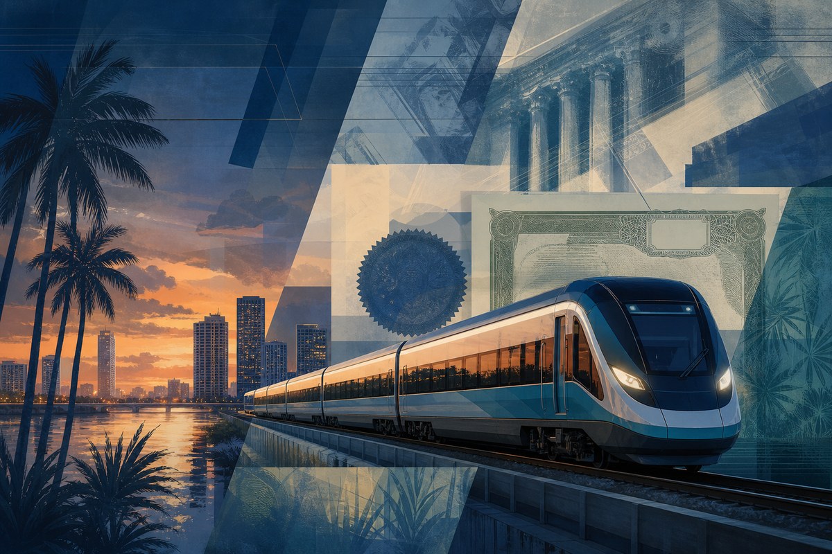 Illustrated passenger train beside layered financial documents and bond certificates