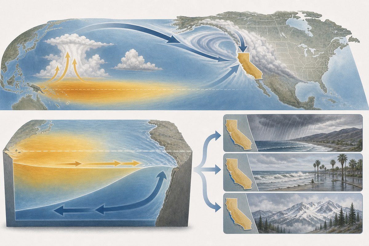 Conceptual illustration of warm equatorial Pacific waters influencing possible California rain, coastal flooding and mountain snow.