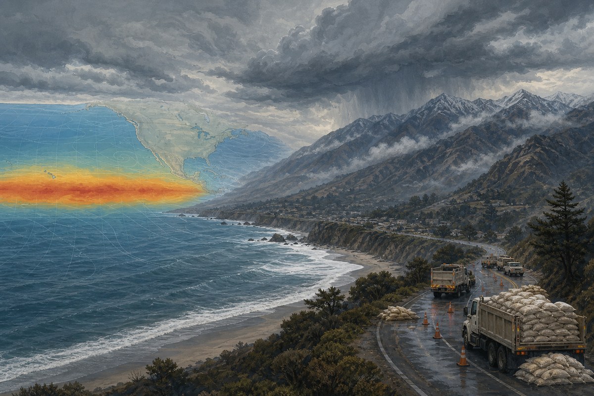 Illustration of California's coast and mountains under storm clouds with warm Pacific waters in the distance.