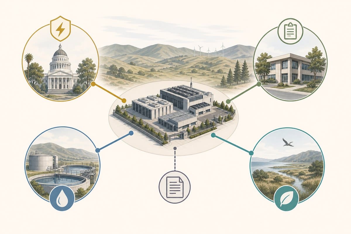 Conceptual diagram linking a data center to utility, water, local permitting and environmental-review systems.