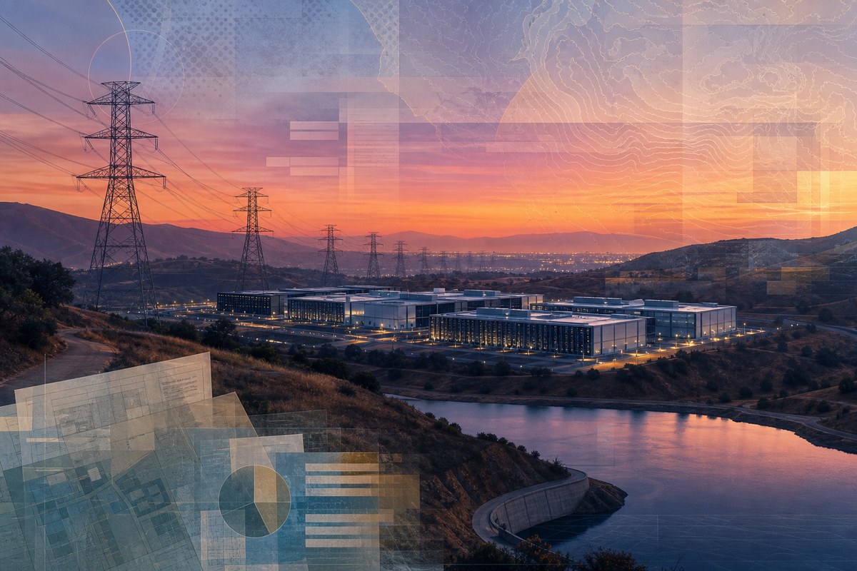 Editorial illustration of a data center beside power lines and a California water reservoir.