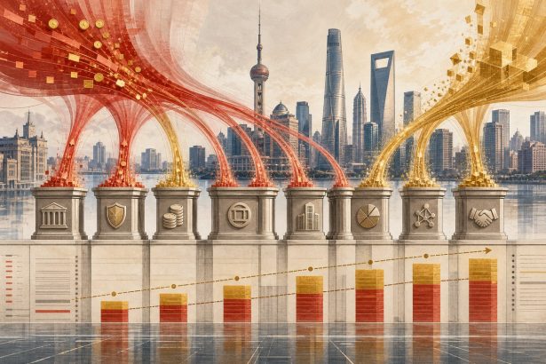 Abstract financial district with eight pillars receiving red and gold capital streams.