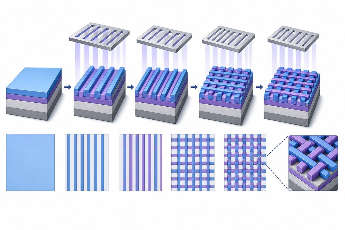 Conceptual cutaway showing four lithography patterning stages forming dense memory-array lines