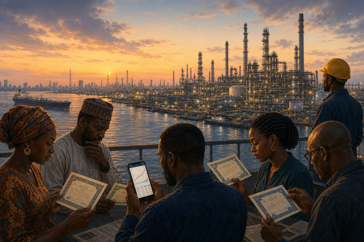 Illustration of a refinery behind retail investors reviewing share purchases.