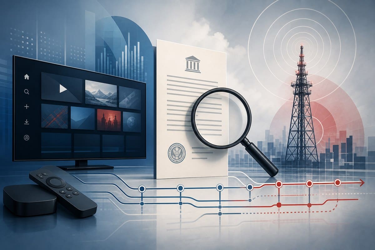 Abstract streaming platform and media tower separated by a government review document