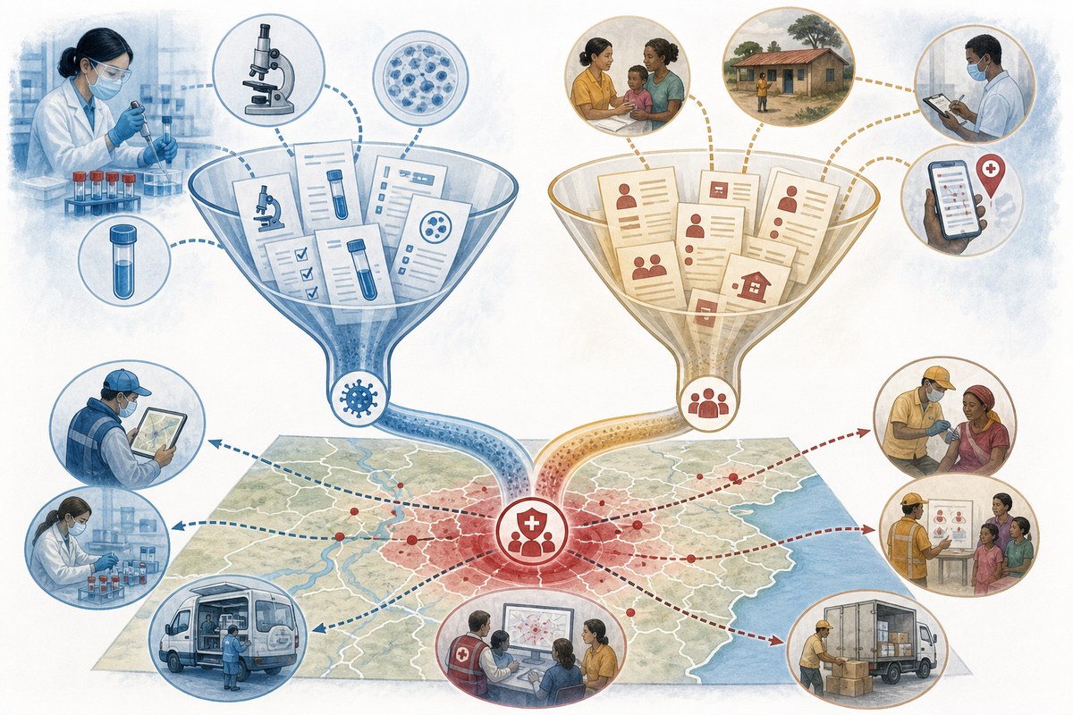 Conceptual illustration of confirmed and registered Ebola case reports feeding into outbreak response tracking.